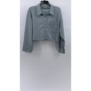 NEW IN Women's Dusty Blue Long Sleeve Pullover Cropped Henley Sweater SZ S